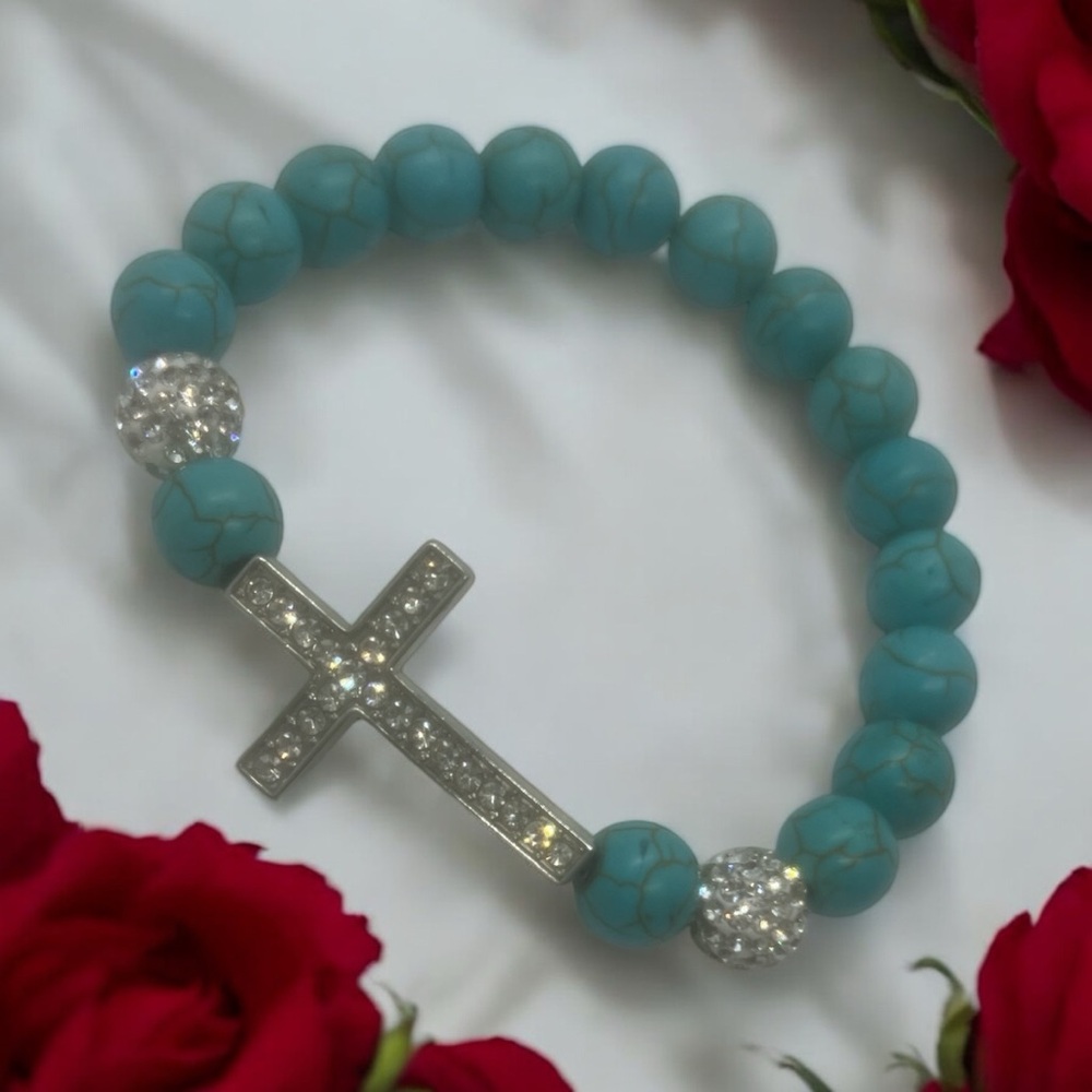 Turquoise Beaded Bracelet with Silver Cross